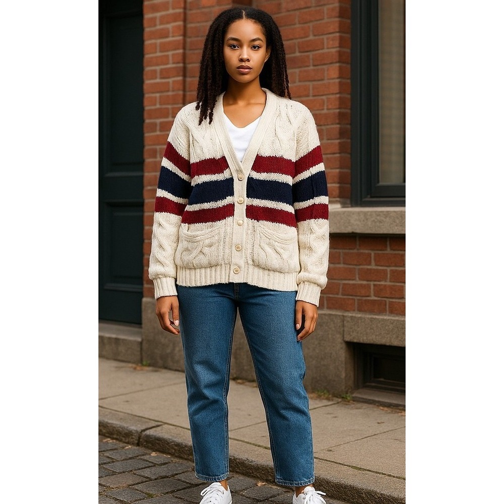 Aerie Cardigan Sweater XXS Cable Knit‎ Striped Women's Ivory Red Blue Oversized